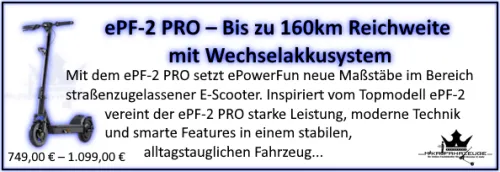 ePF-2 PRO – Bis zu 160km Reichweite mit Wechselakkusystem
